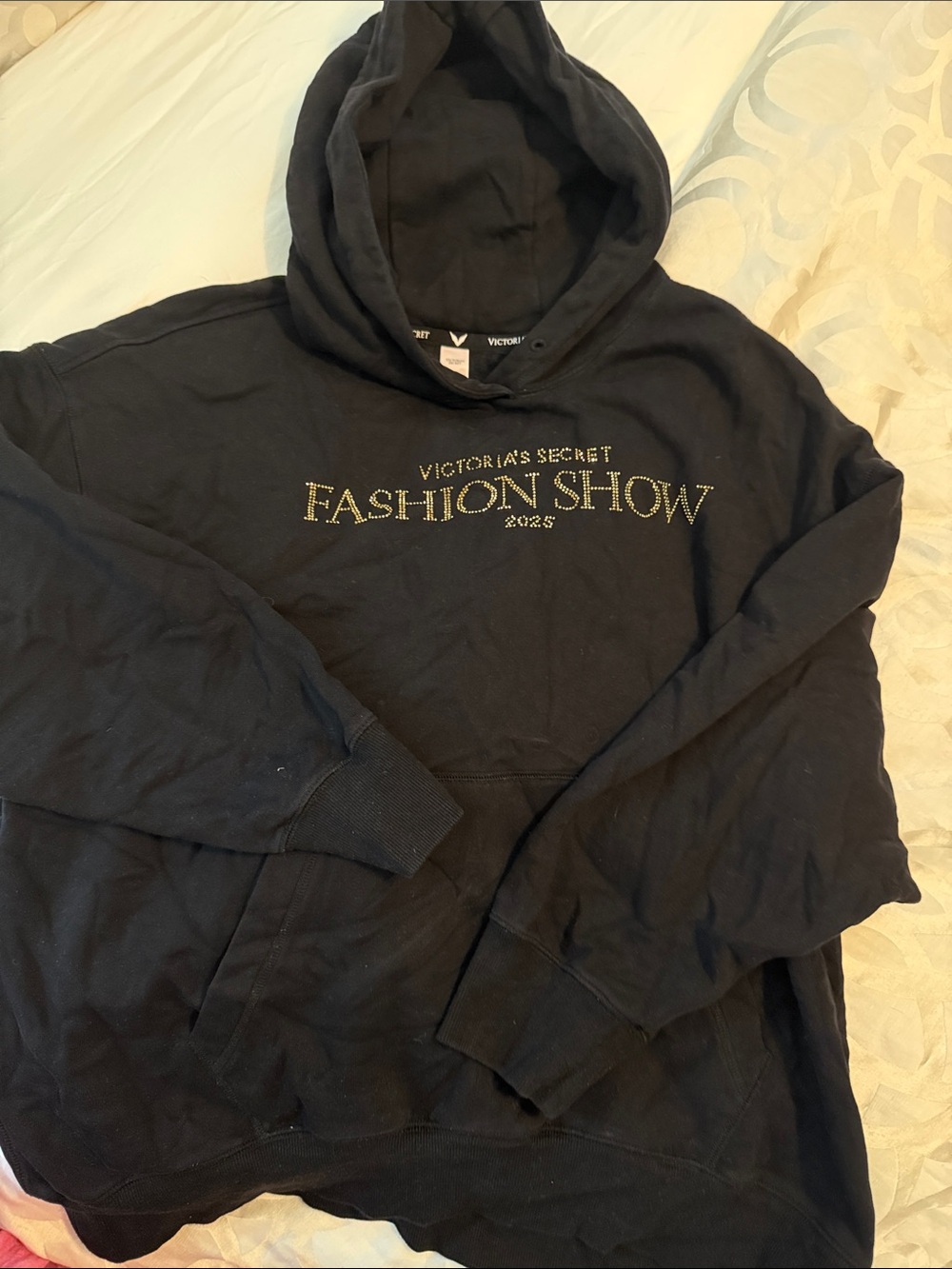 Victoria's Secret Black Crewneck Hoodie with Gold 'Fashion Show' Embellishment